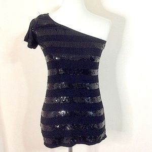 Vintage Sweetees Stripe Sequin 1-Shoulder Top Black S